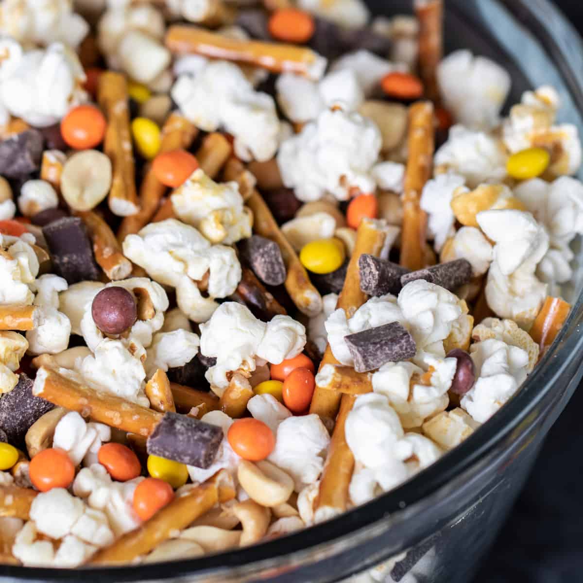 A close up picture of a sweet and salty trail mix.