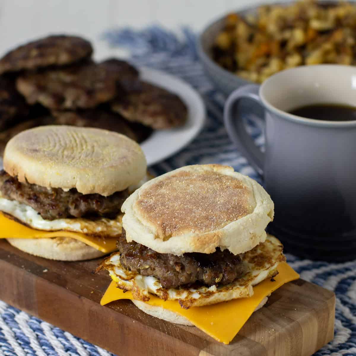 Breakfast sandwiches next to a mug of coffee.