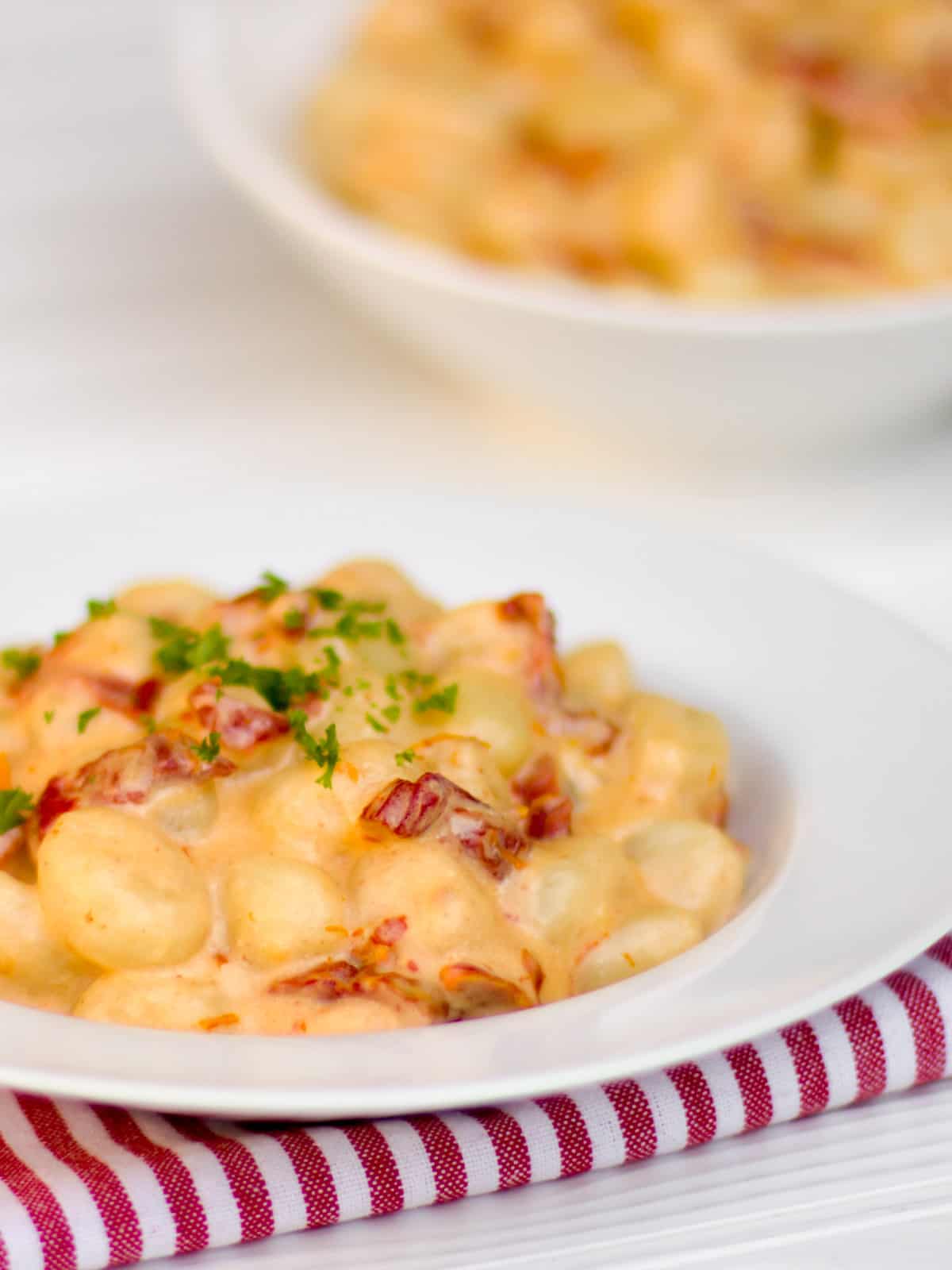 A pasta bowl of gnocchi with parsley sprinkled on top.