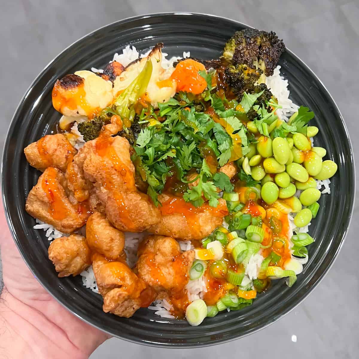 A bowl being held in the air with rice chicken and vegetables.