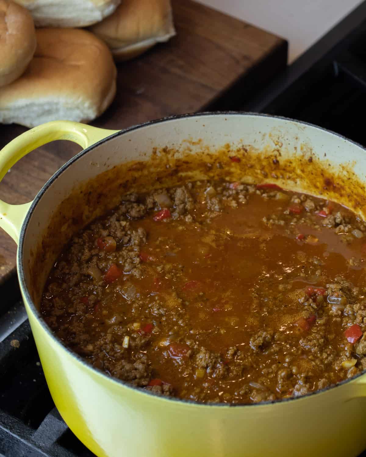 Sloppy Joe mix simmering in a pot.