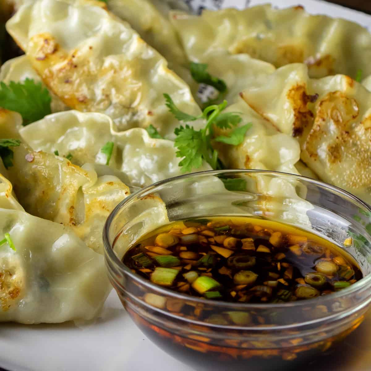 Dipping sauce in a small glass bowl in front of a plate of fried dumplings.