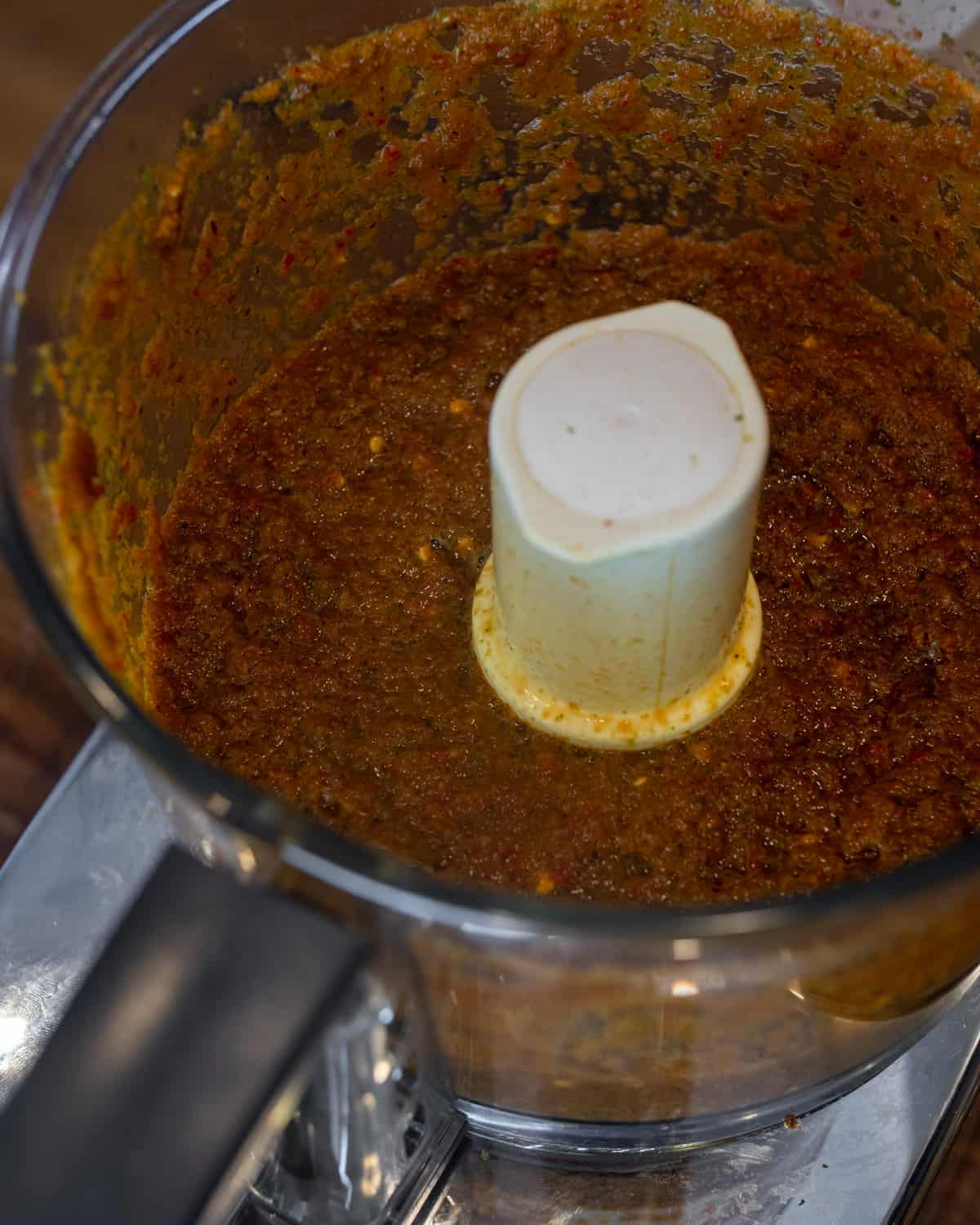 Blended chili paste in a food processor.