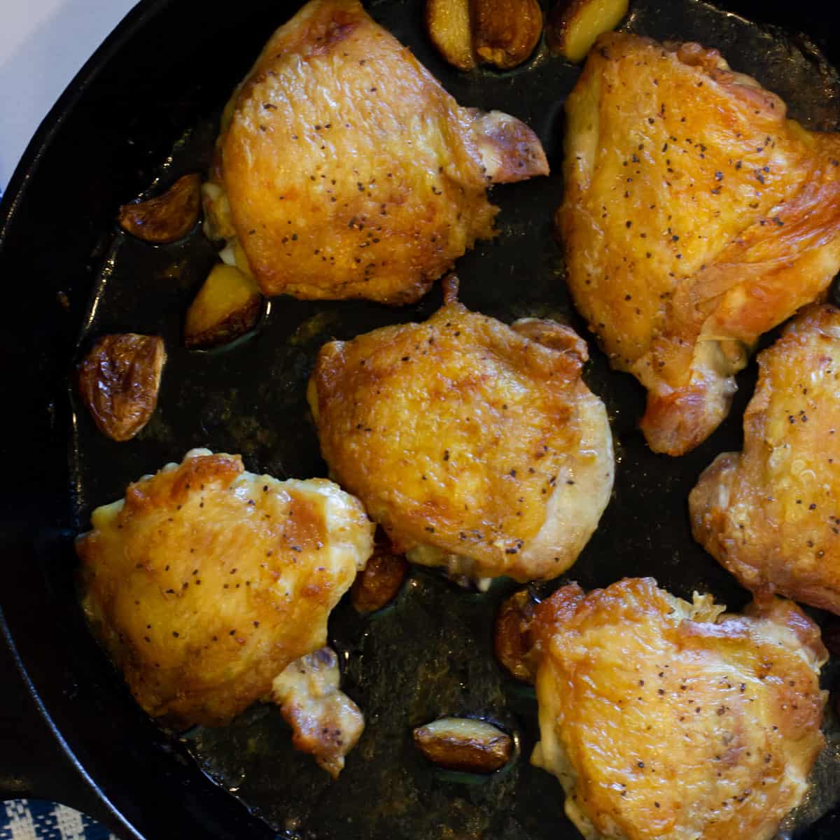 Overhead picture of cooked chicken thighs.