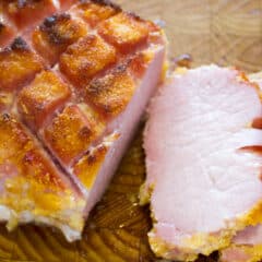 Overhead picture of a cooked roast of peameal bacon.