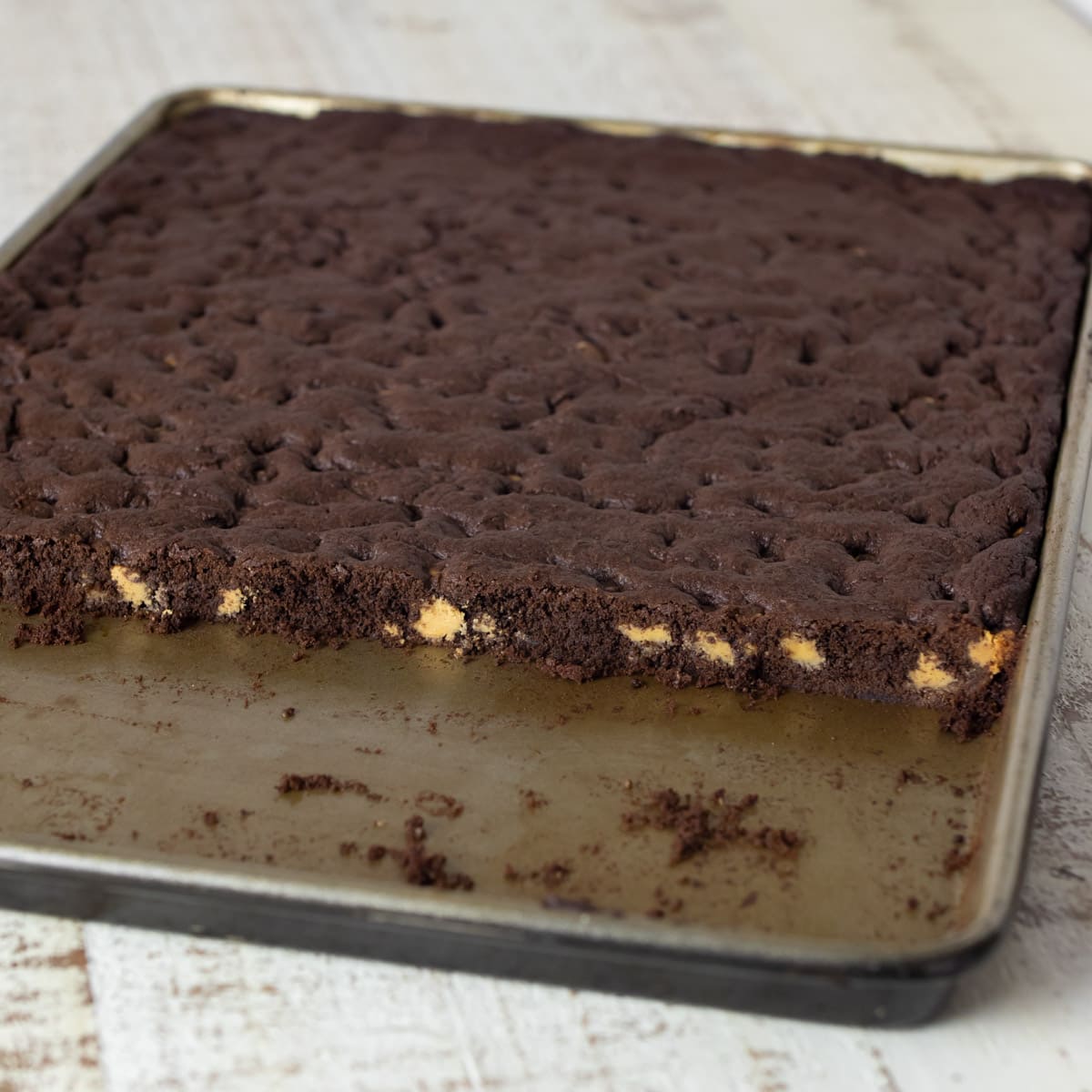 A baking sheet with a cookie slab.