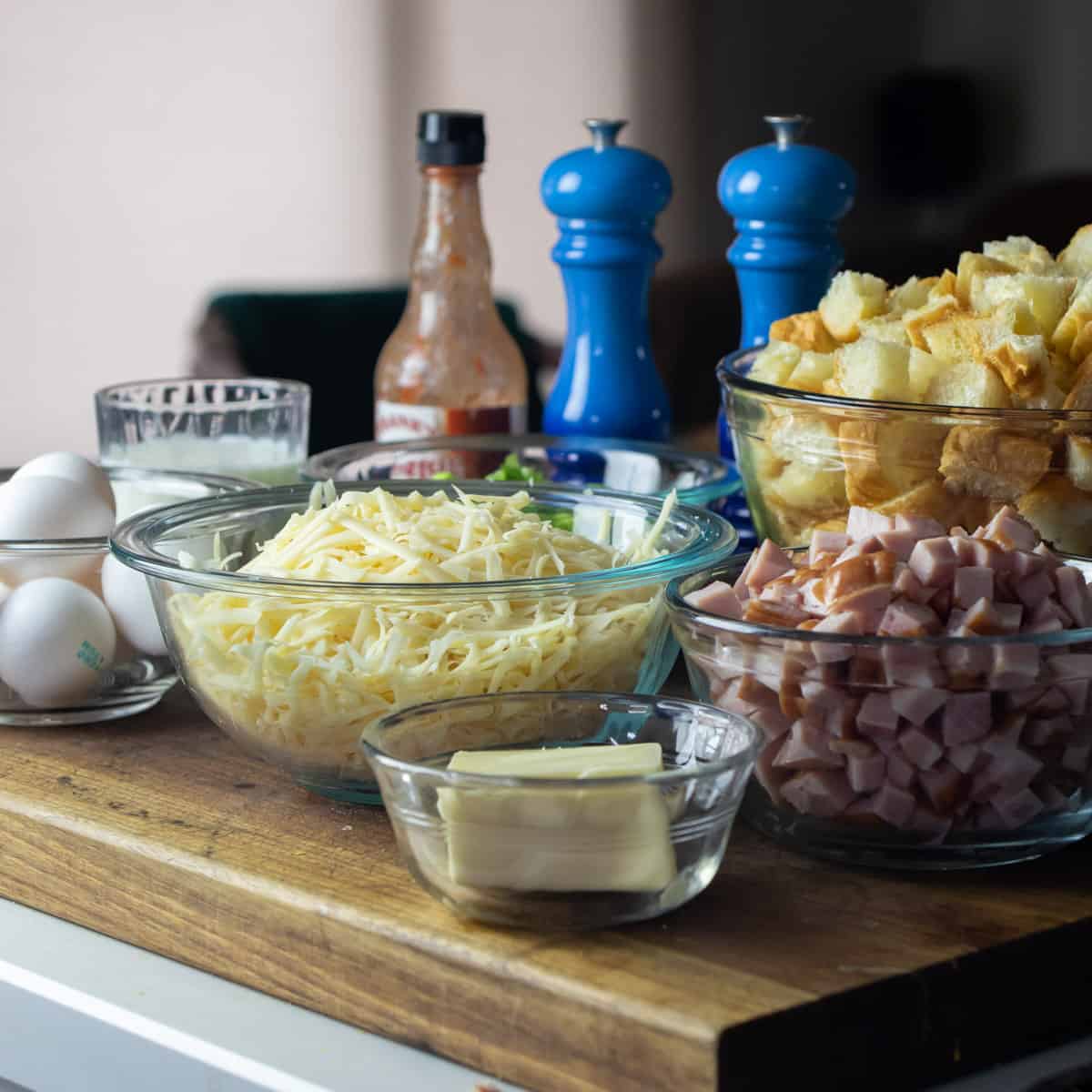 Ingredients in glass mixing bowls.