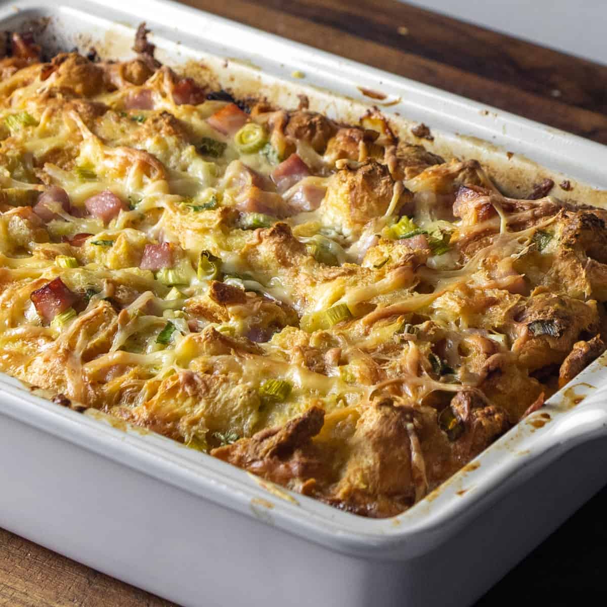 Baked casserole in a rectangular dish.