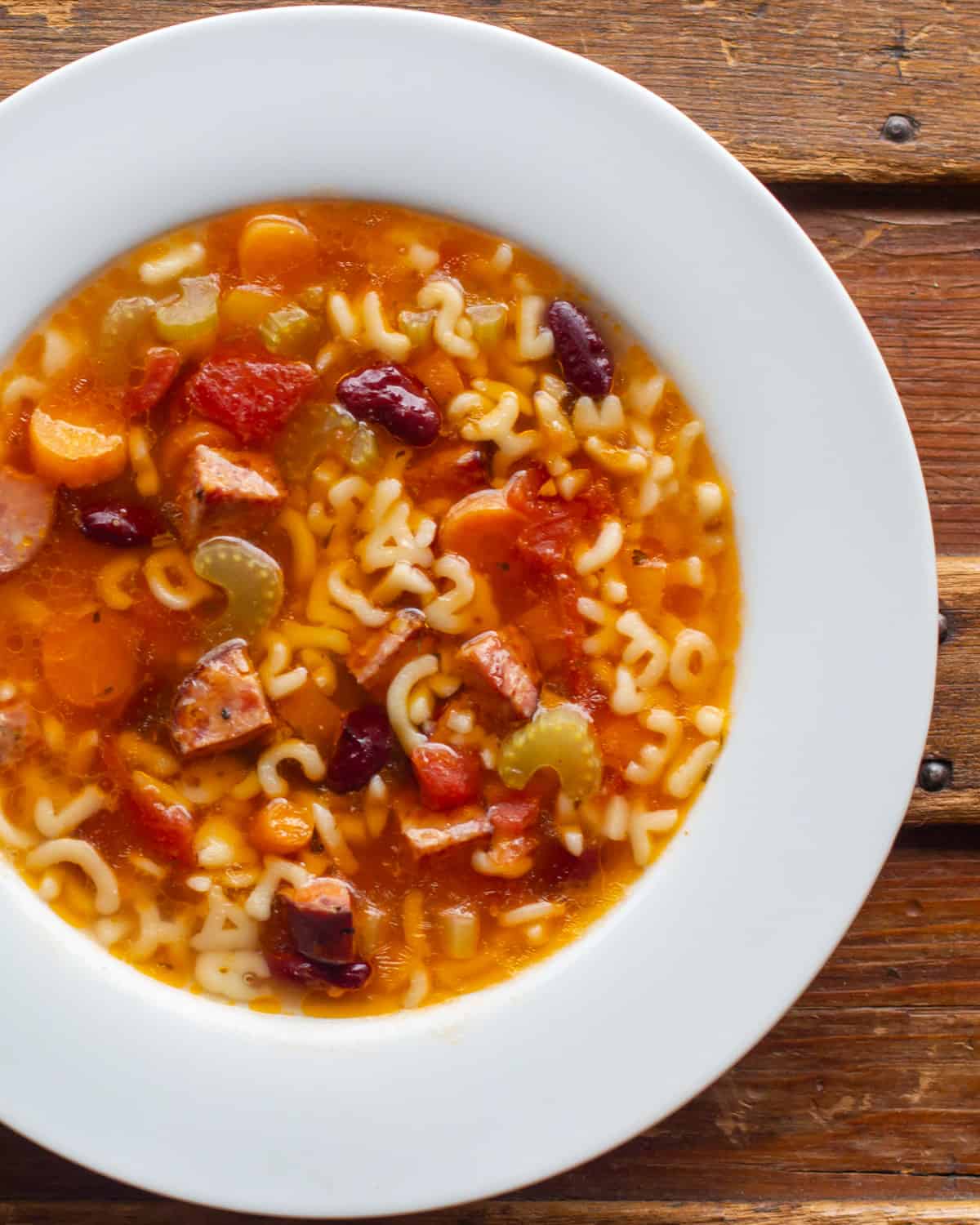 Overhead picture of soup in a white bowl.