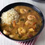 Overhead picture of a cajun seafood dish.