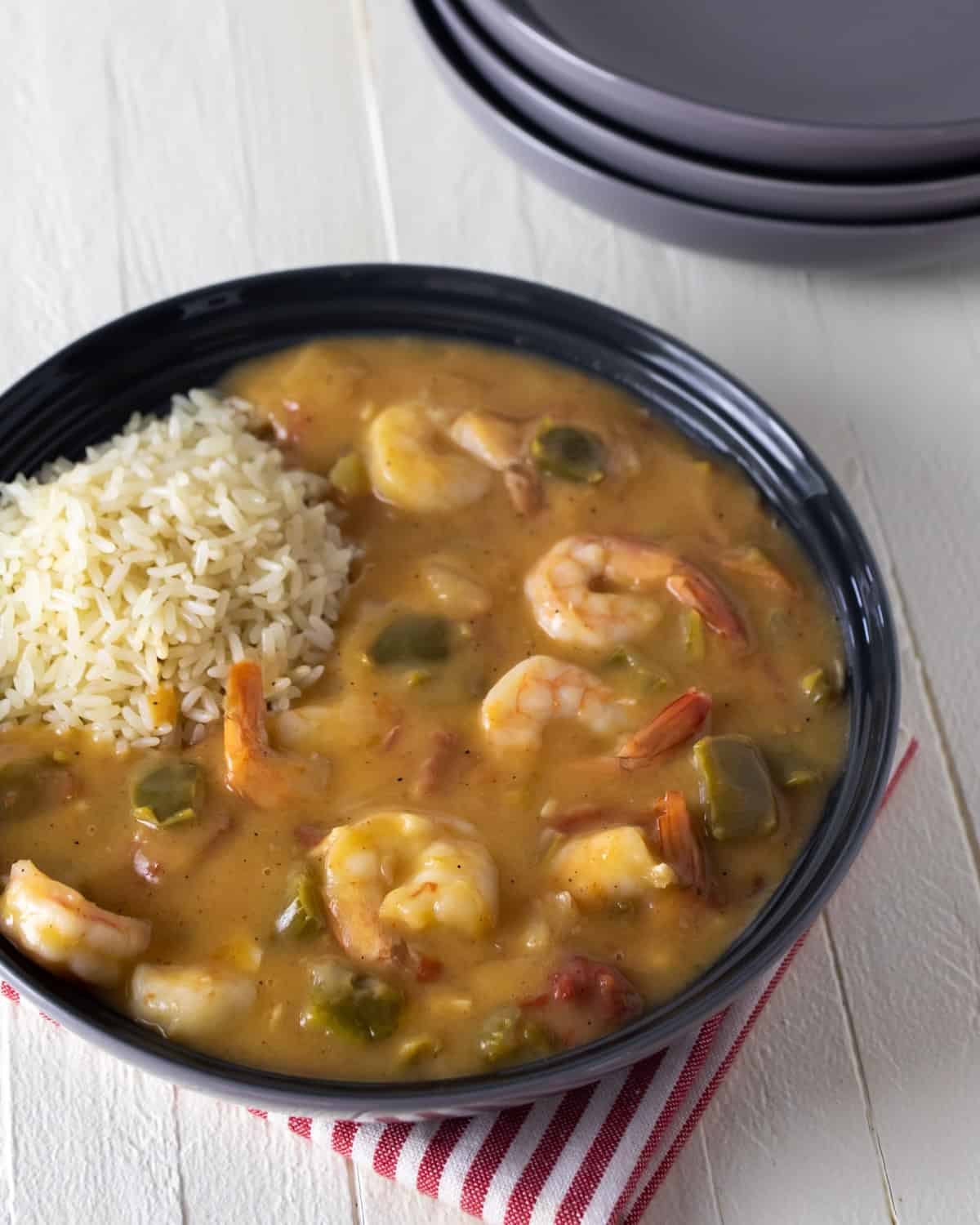 Overhead picture of shrimp dish with rice.