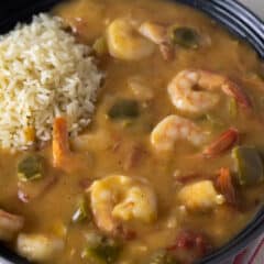 Overhead picture of a cajun seafood dish.