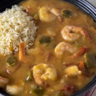 Overhead picture of a cajun seafood dish.