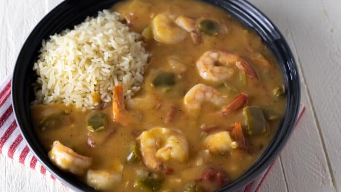 Overhead picture of a cajun seafood dish.