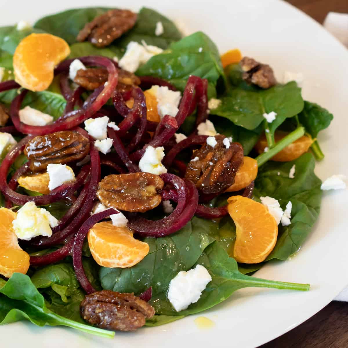 Spinach Salad with Beets, Candied Pecans and Goat Cheese