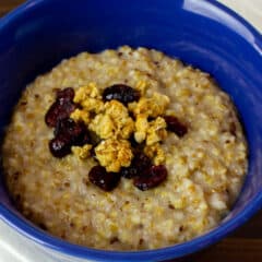 Oatmeal in a blue bowl.