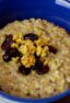 Oatmeal in a blue bowl.