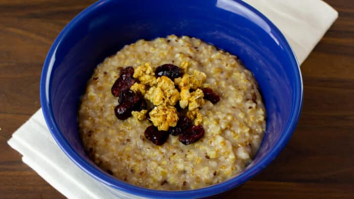 Oatmeal in a blue bowl.