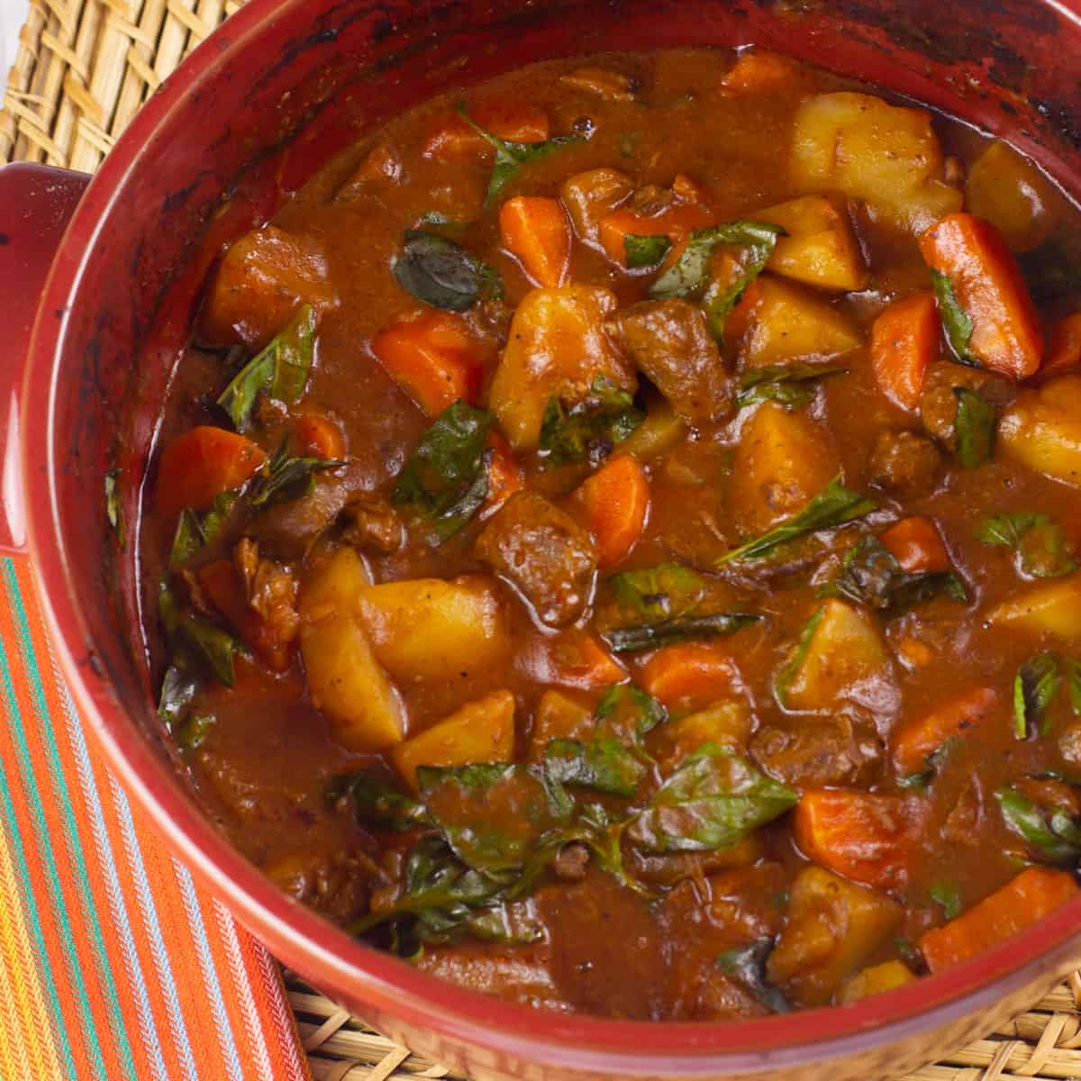 An overhead picture of a bowl of stew.