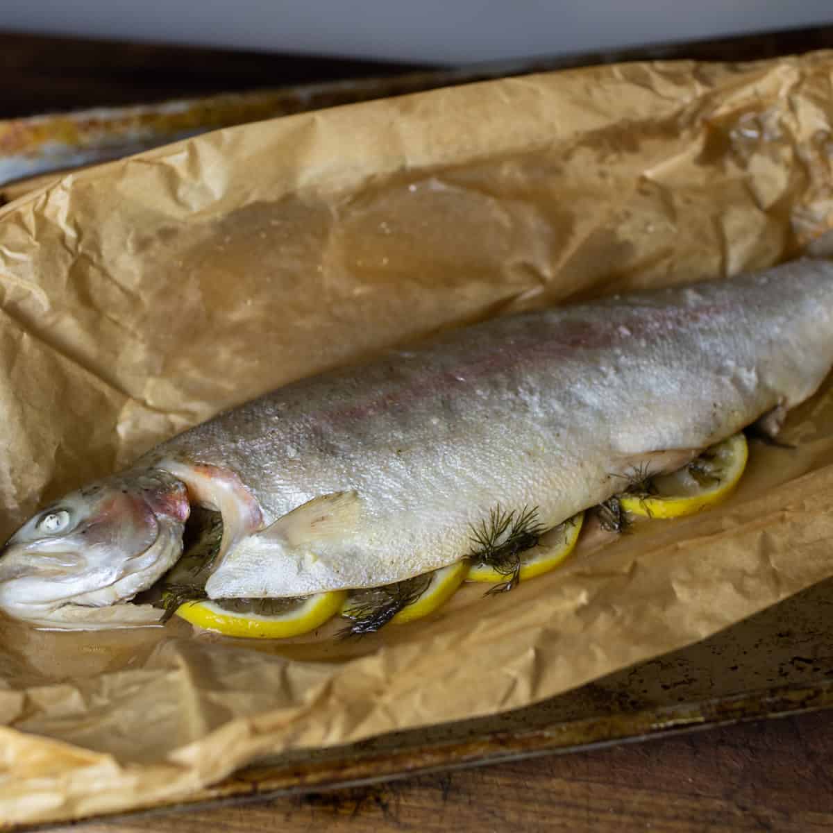 Baked fish with lemon and dill.