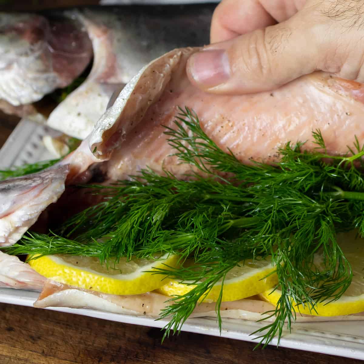 Fresh dill and sliced lemons placed in a cleaned fish.