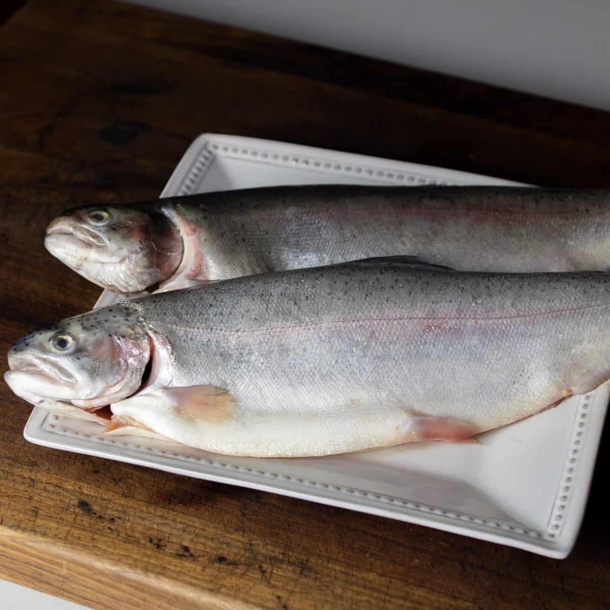 Two whole fish cleaned and laying on a plate.