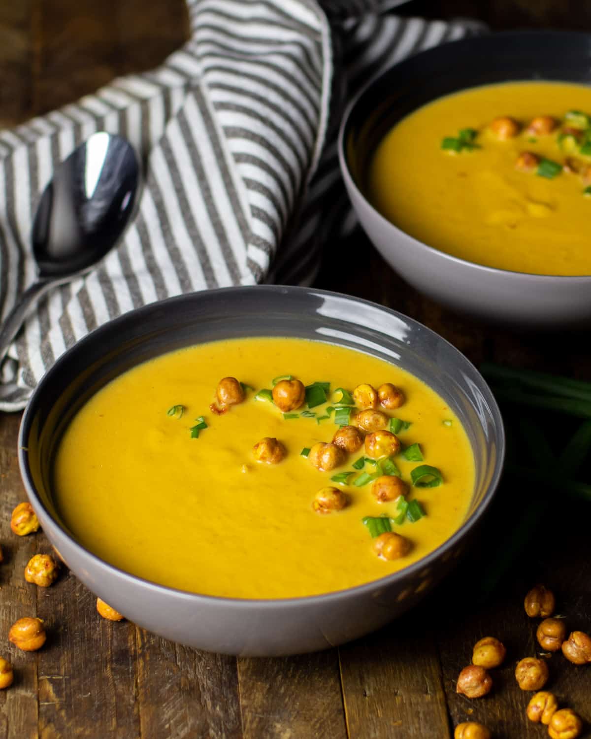 Overhead picture of  soup in a grey bowl.