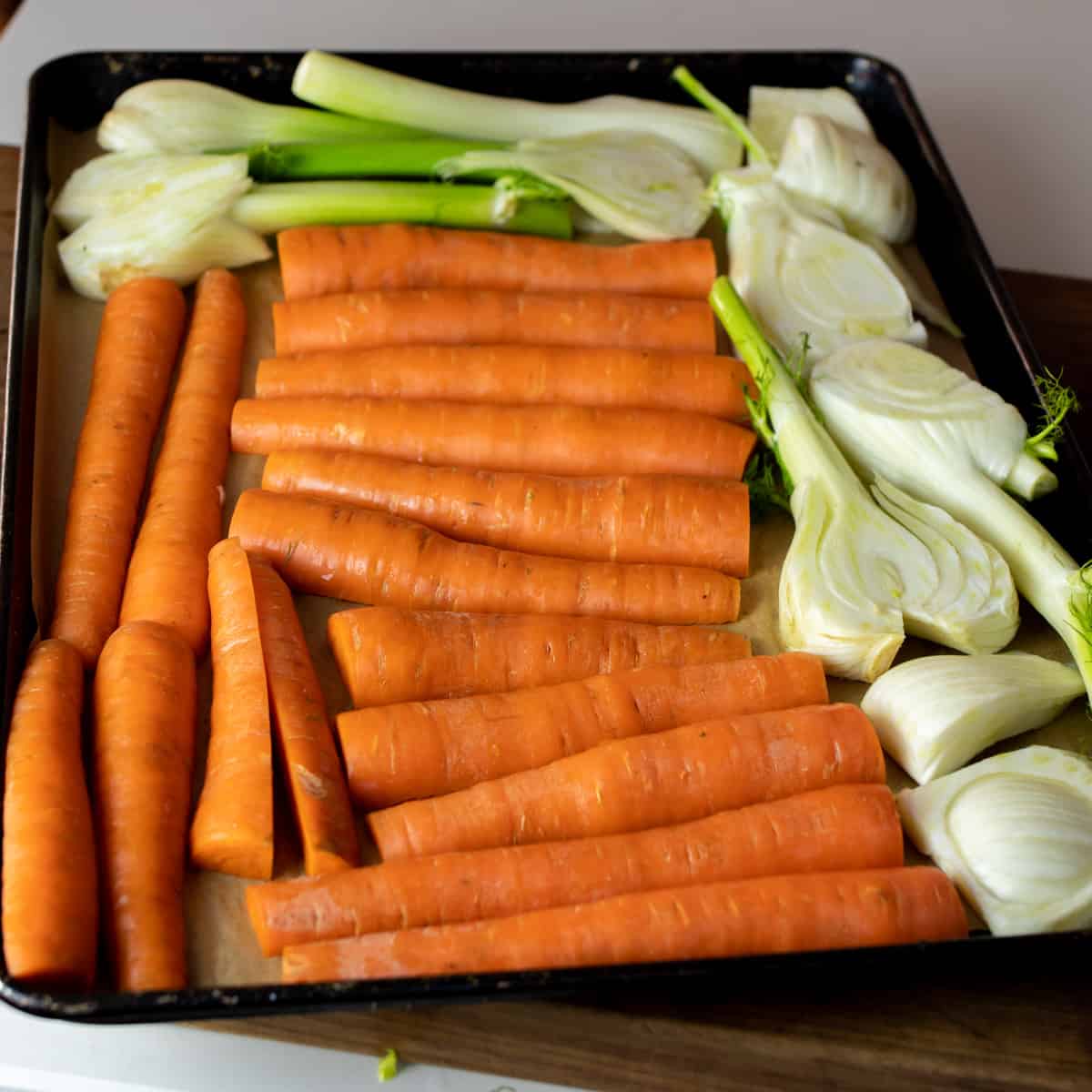 Cut vegetables on a baking sheet