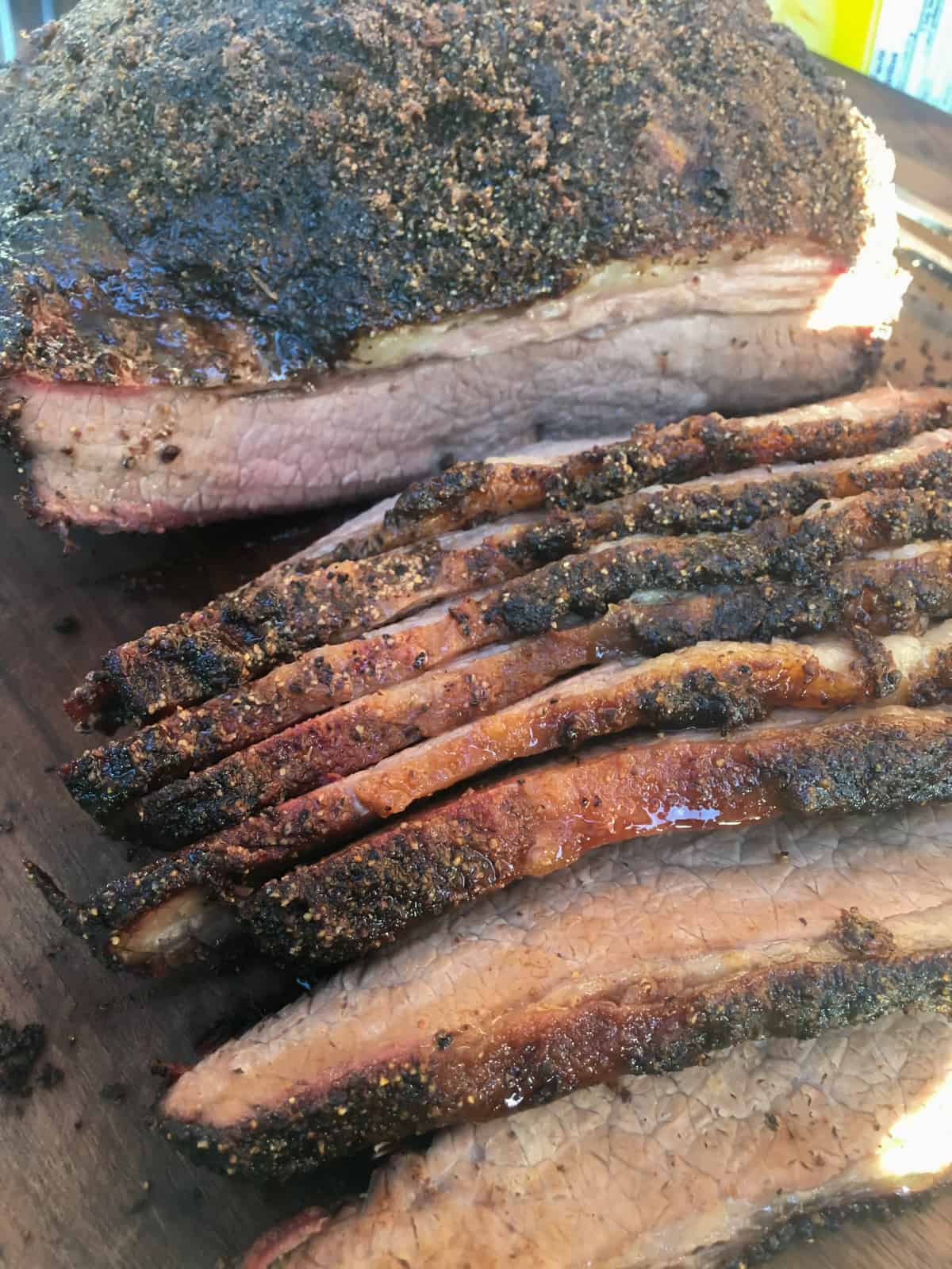 Cooked beef cut into  slices.