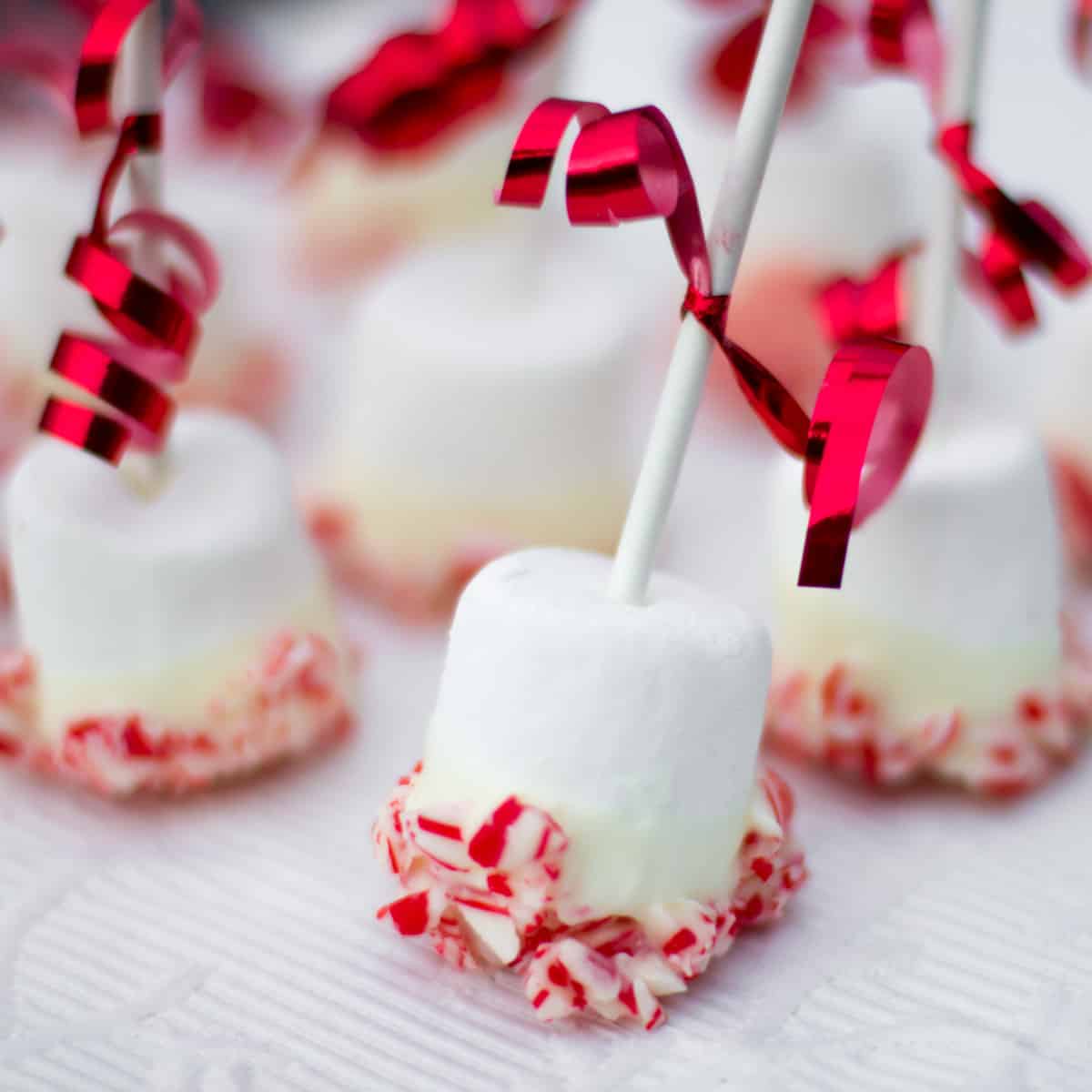 Shiny red ribbons on popsicle sticks with marshmallows.
