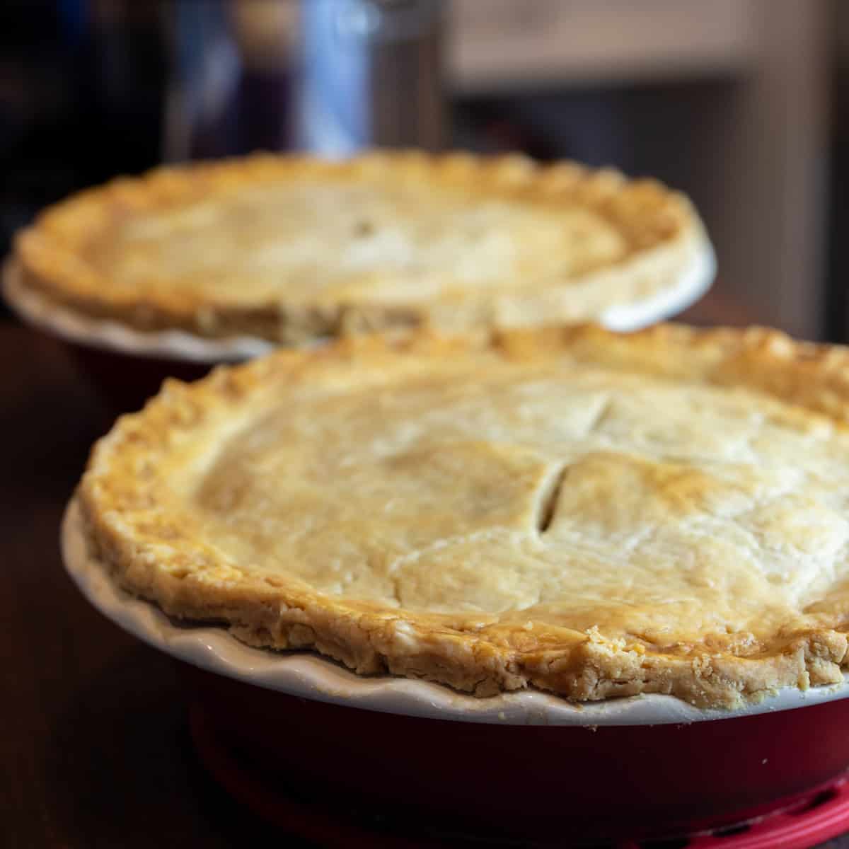 Two savoury pies baked and out of the oven on a cutting board.