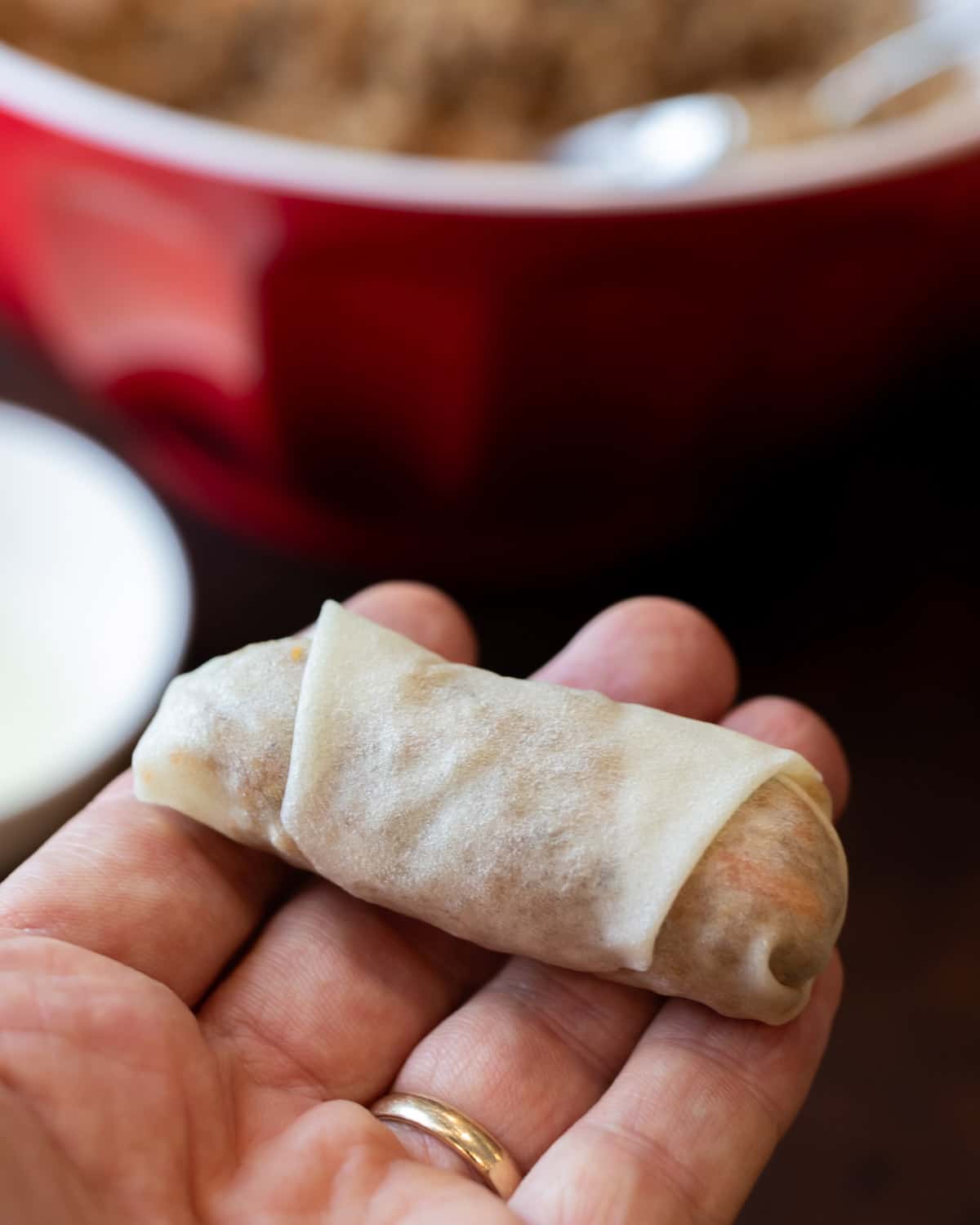 A pork lumpia being held in a hand.