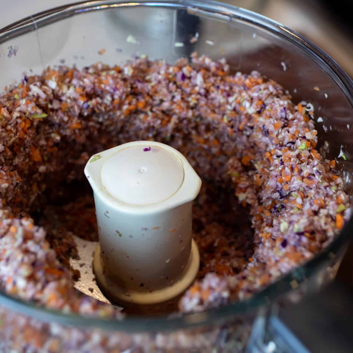 Pulsed vegetables in a food processor.