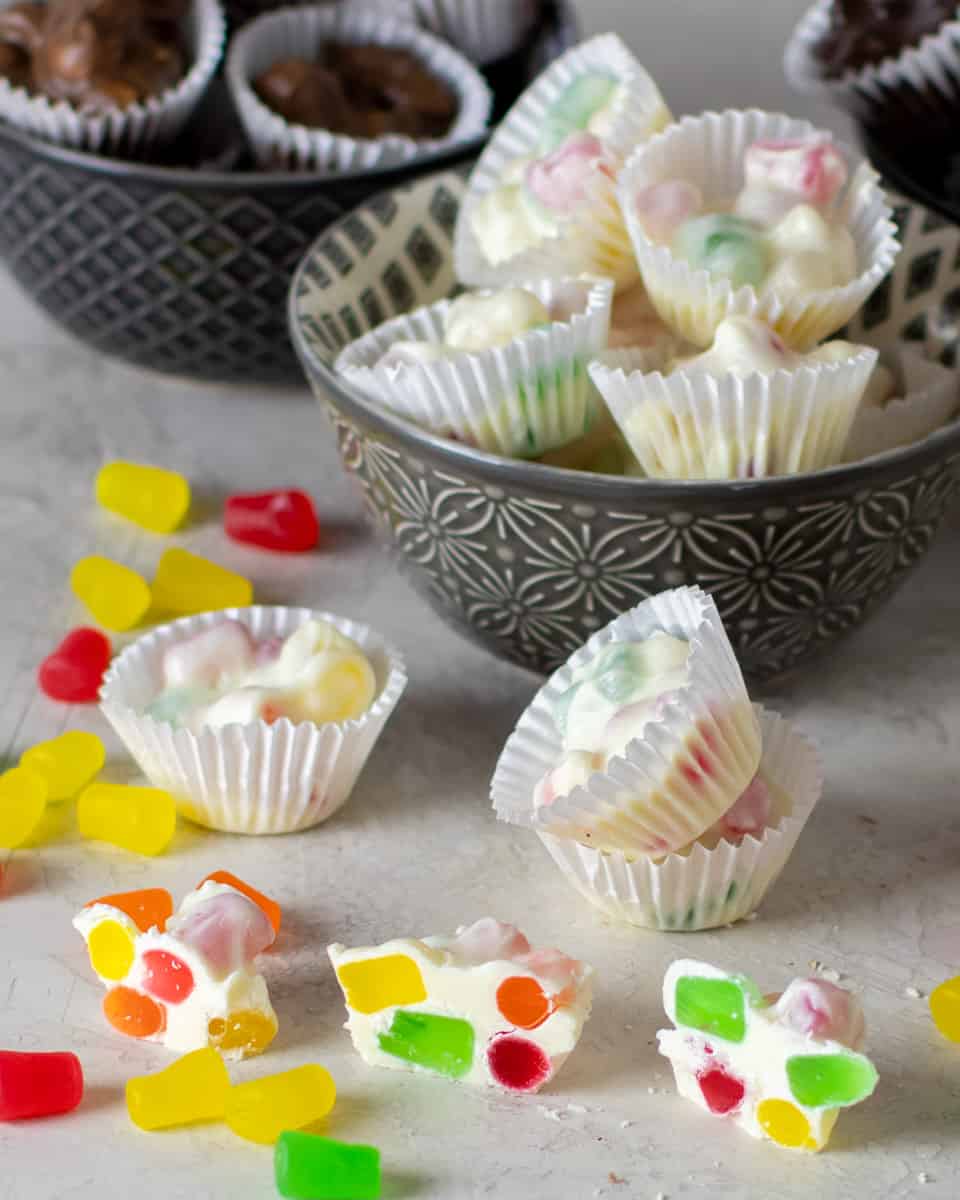 Candy with white chocolate and gumdrops