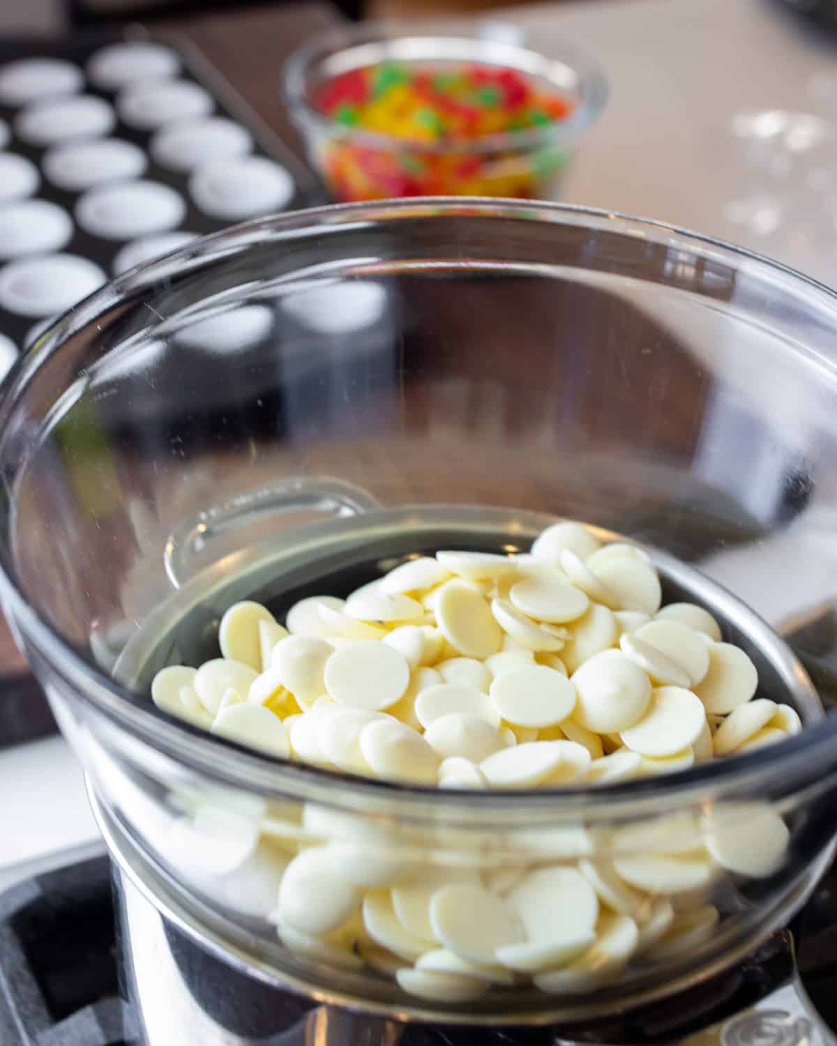 candy melts in a glass bowl.