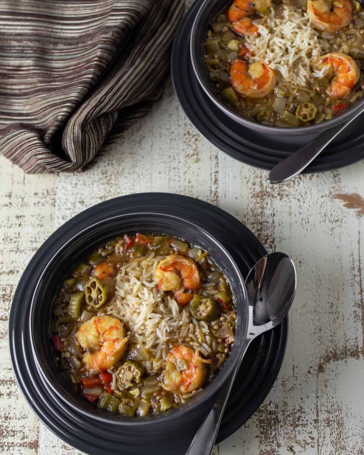 A top down picture of two bowls of soup.