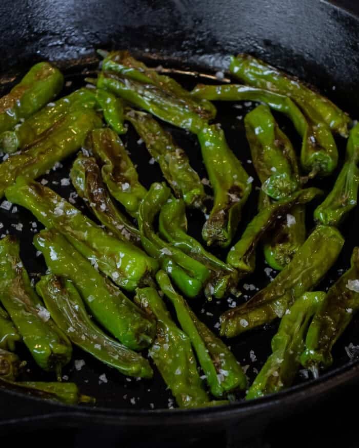 shishito peppers in a skillet
